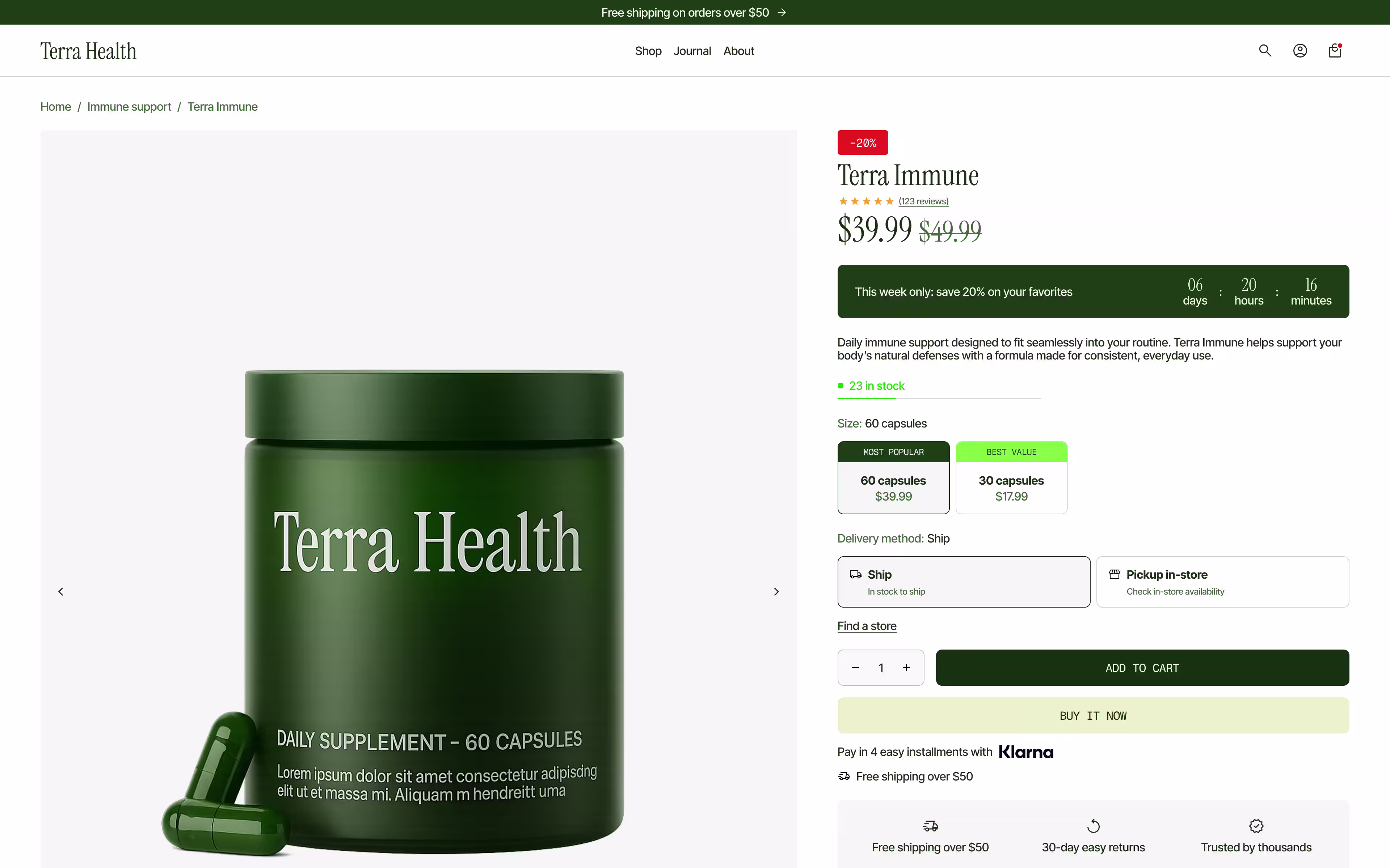 After: custom Shopify store design with countdown timer, social proof, and Klarna integration