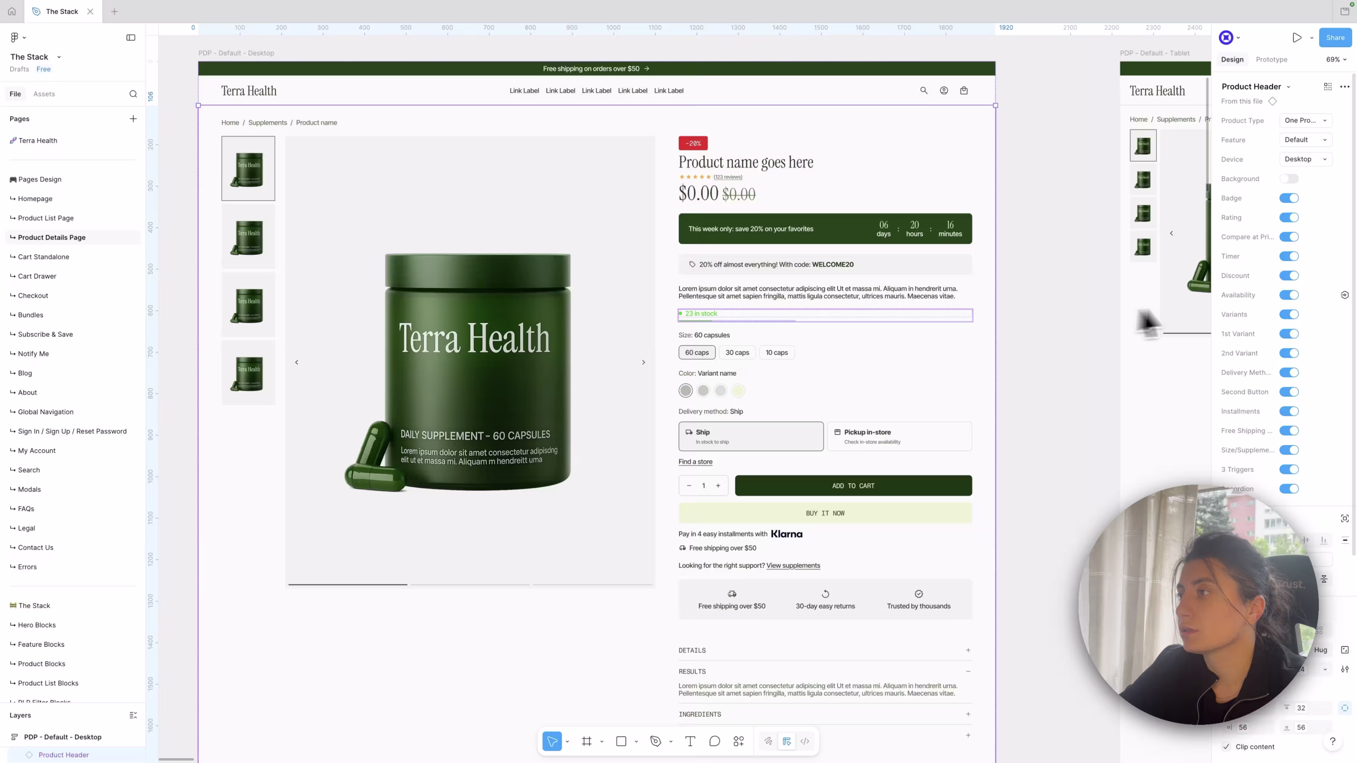 Figma walkthrough of User First demo Stack — tablet PDP showing boolean component toggles and Terra Health product page