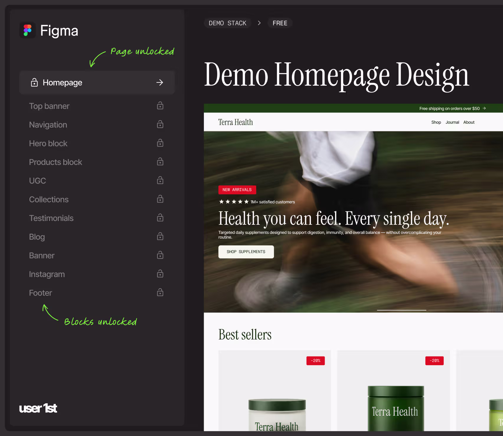 Figma file preview of User First demo Stack — homepage design with unlocked blocks and components