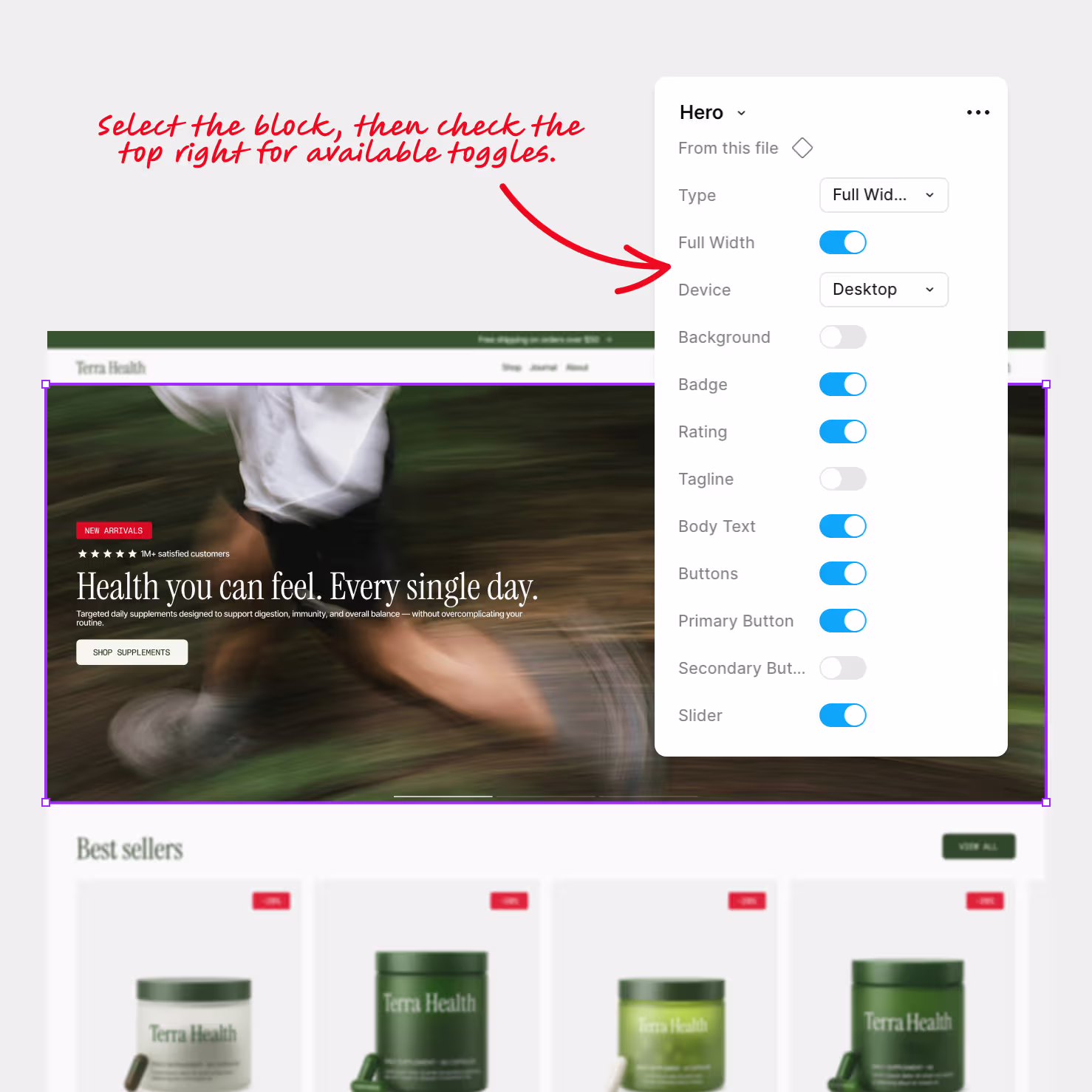Figma boolean toggles for Shopify hero block in The Stack — customize badge, rating, buttons, and slider on or off