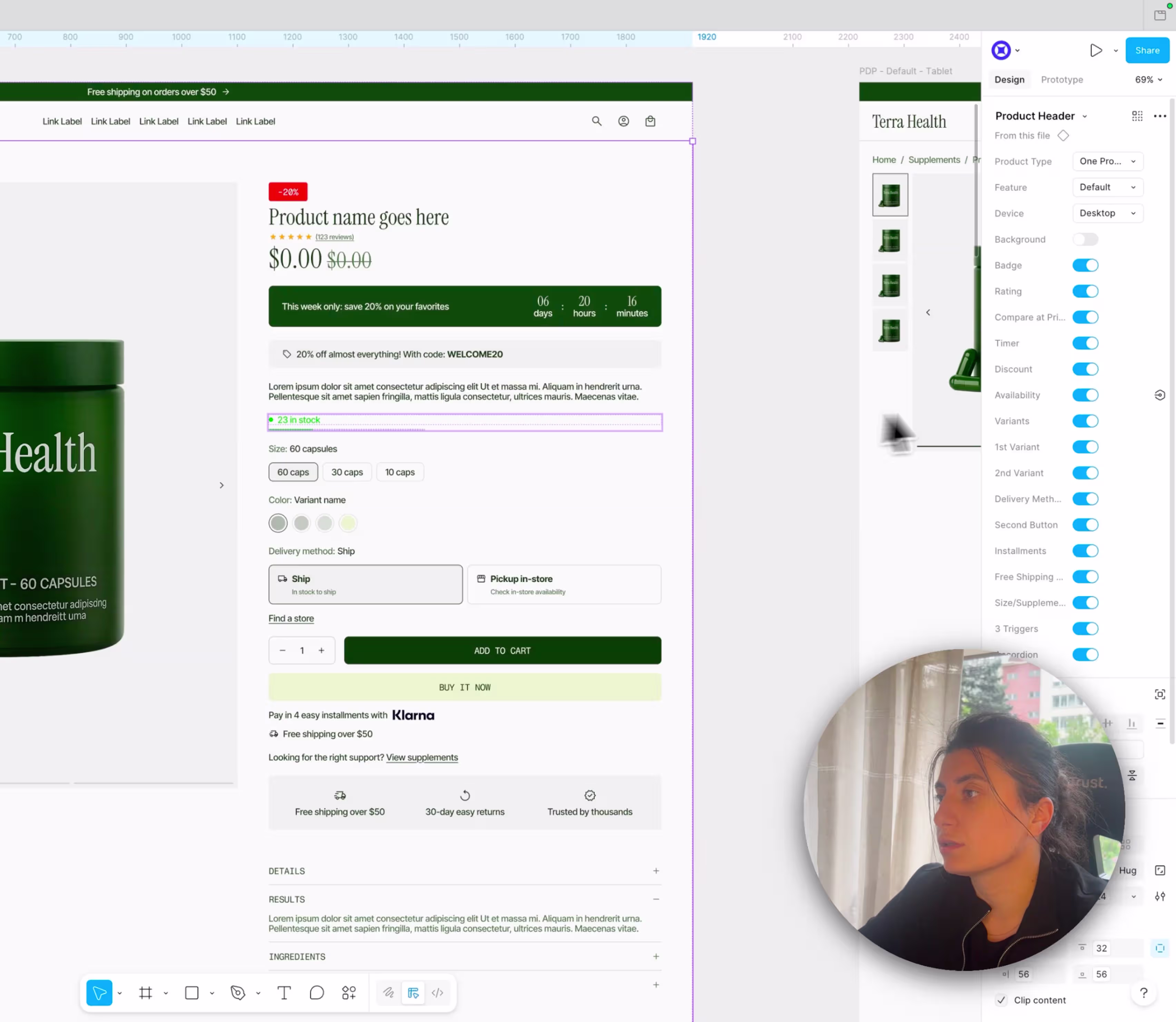 Demo Stack Figma preview — Shopify product page with discount timer, color variants, and delivery method selector