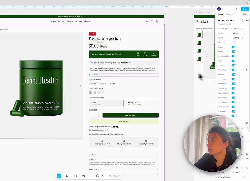 User First demo Stack in Figma — Shopify PDP design with timer, Klarna, variants, and boolean toggles