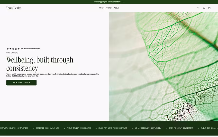 Shopify about page design with split layout, brand story, social proof, and value proposition marquee