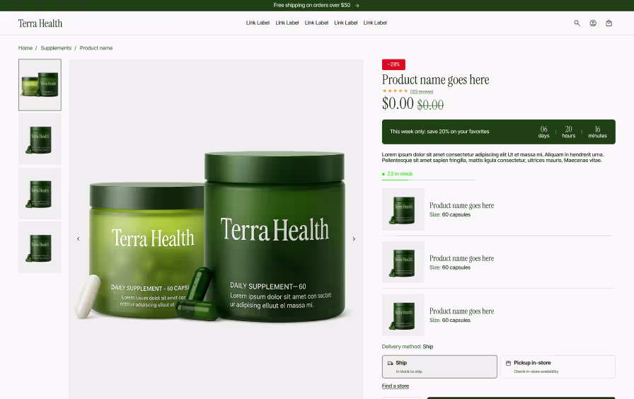 Shopify bundle page design with product thumbnails, stock indicator, and ship or pickup options