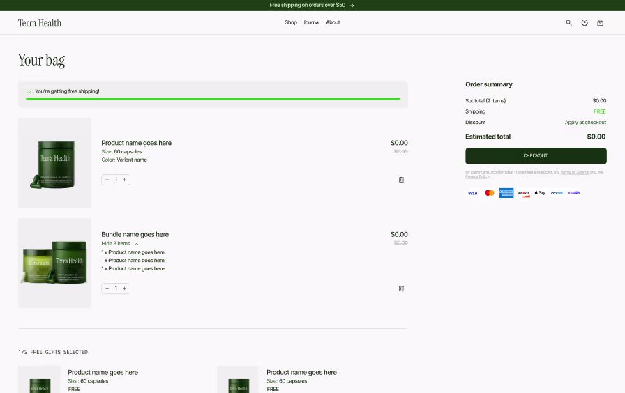 Shopify store cart page design showing bundle products, free gift selection, and Visa Mastercard checkout