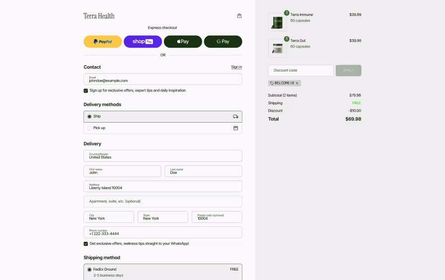 Shopify checkout page design with express payment buttons, delivery form, and discount code field