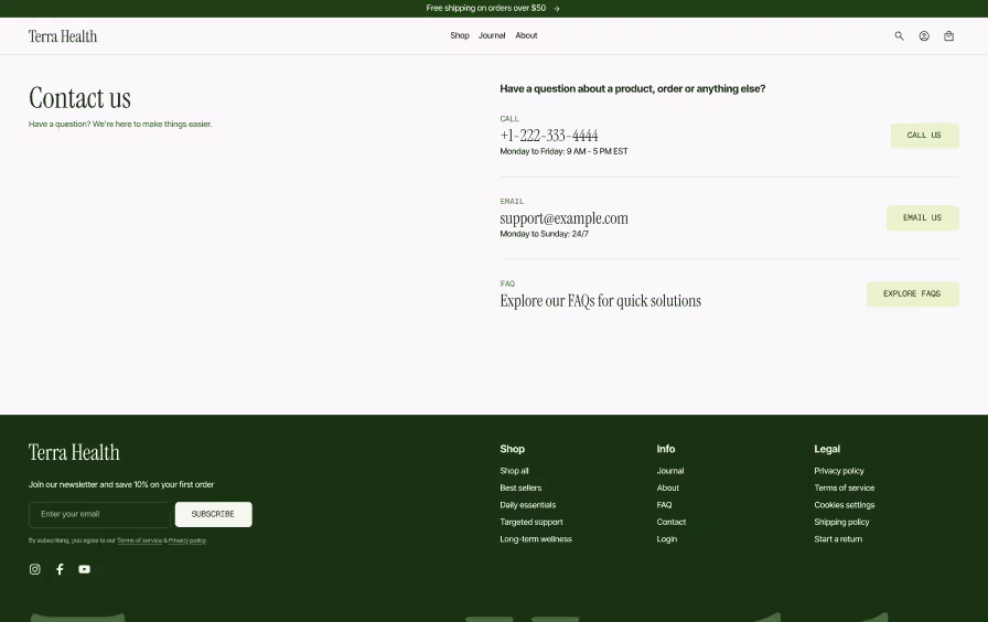 Shopify contact us page design with phone, email, and FAQ support options plus newsletter footer