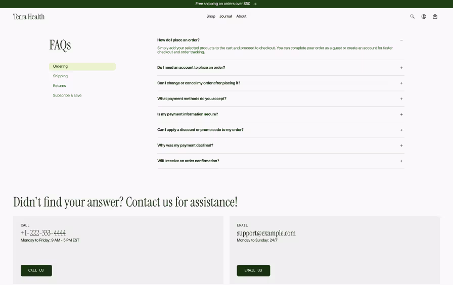 Shopify FAQ page design with categorized accordion questions and contact us section below