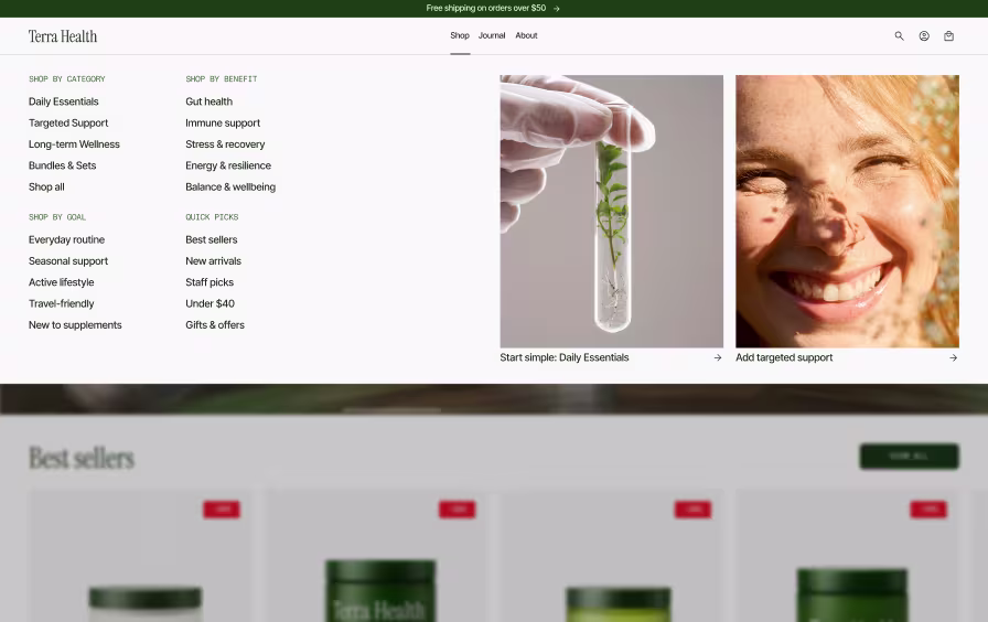 Shopify mega menu design with category columns, quick picks, and featured collection images