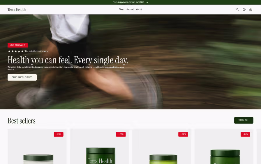 Shopify homepage design showing hero with CTA, trust badges, and best sellers product grid