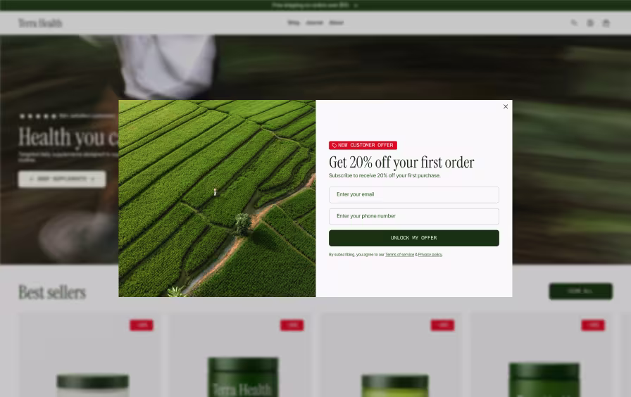 Shopify conversion modal design — email and phone capture popup with 20% new customer discount offer