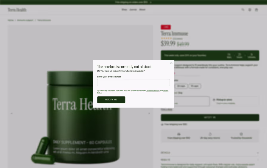 Shopify out of stock notify me modal design with email capture and back in stock alert