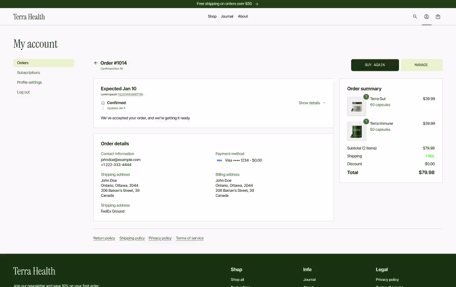 Shopify order details page design with tracking status, order summary, and buy again button