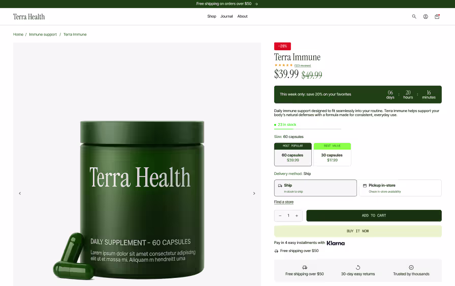 Custom Shopify PDP design from The Stack — size variants, urgency timer, and trust badges