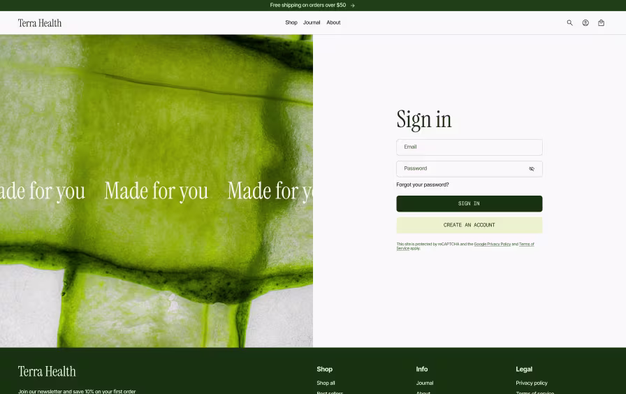 Shopify sign in page design with split layout — lifestyle imagery and login form with create account