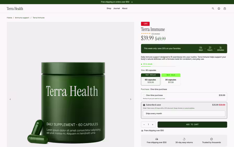 Shopify subscribe and save page design with one-time purchase and subscription options