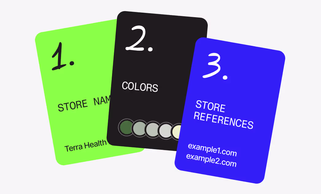 Three onboarding cards showing required info — store name, brand colors, and reference stores