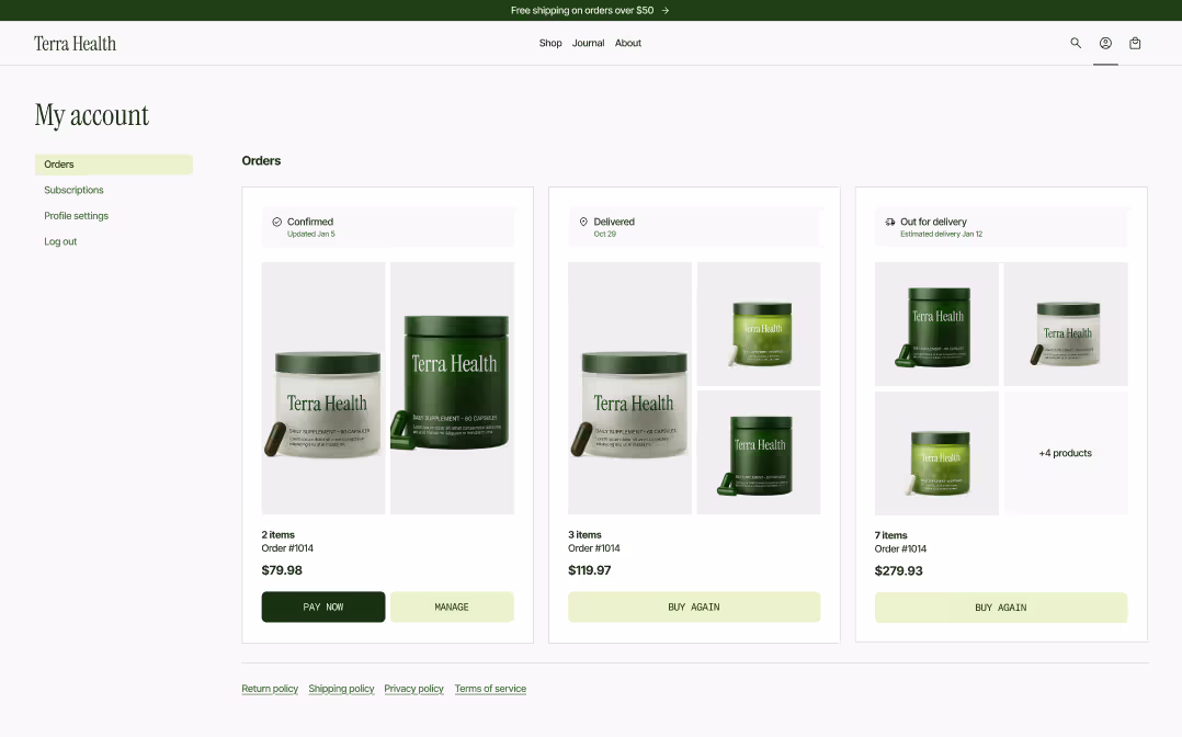 Shopify account block design from The Stack — orders page with confirmed, delivered, and out for delivery states