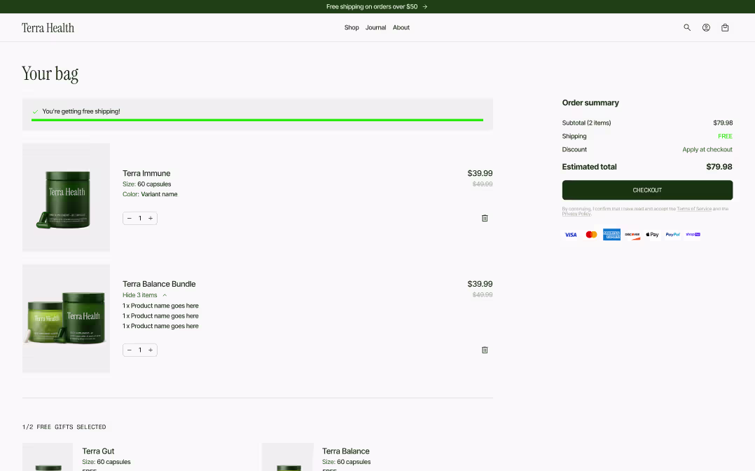 Shopify purchase block design from The Stack — cart page with free shipping bar, bundle items, and payment icons