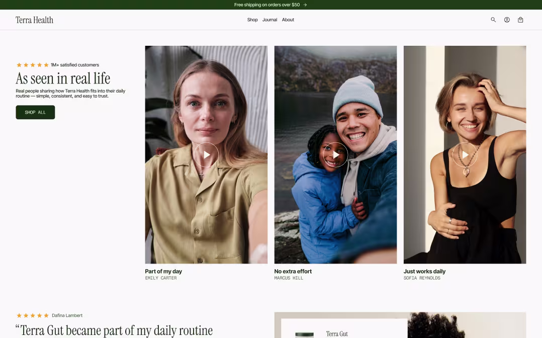 Shopify trust block design from The Stack — UGC section with customer video testimonials and star ratings