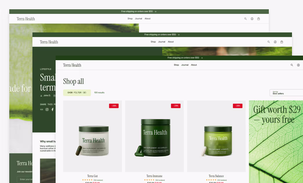 Shopify store design system showing product list, homepage, and checkout screens