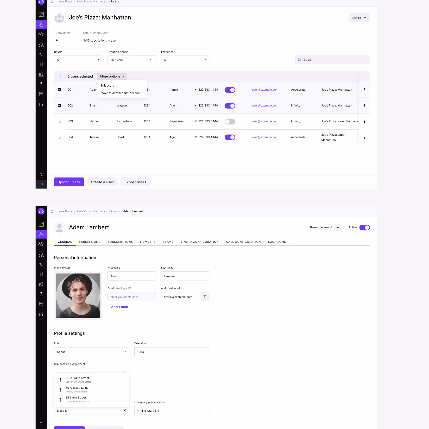 CloudCall admin dashboard design — user management table with bulk actions and individual user profile settings