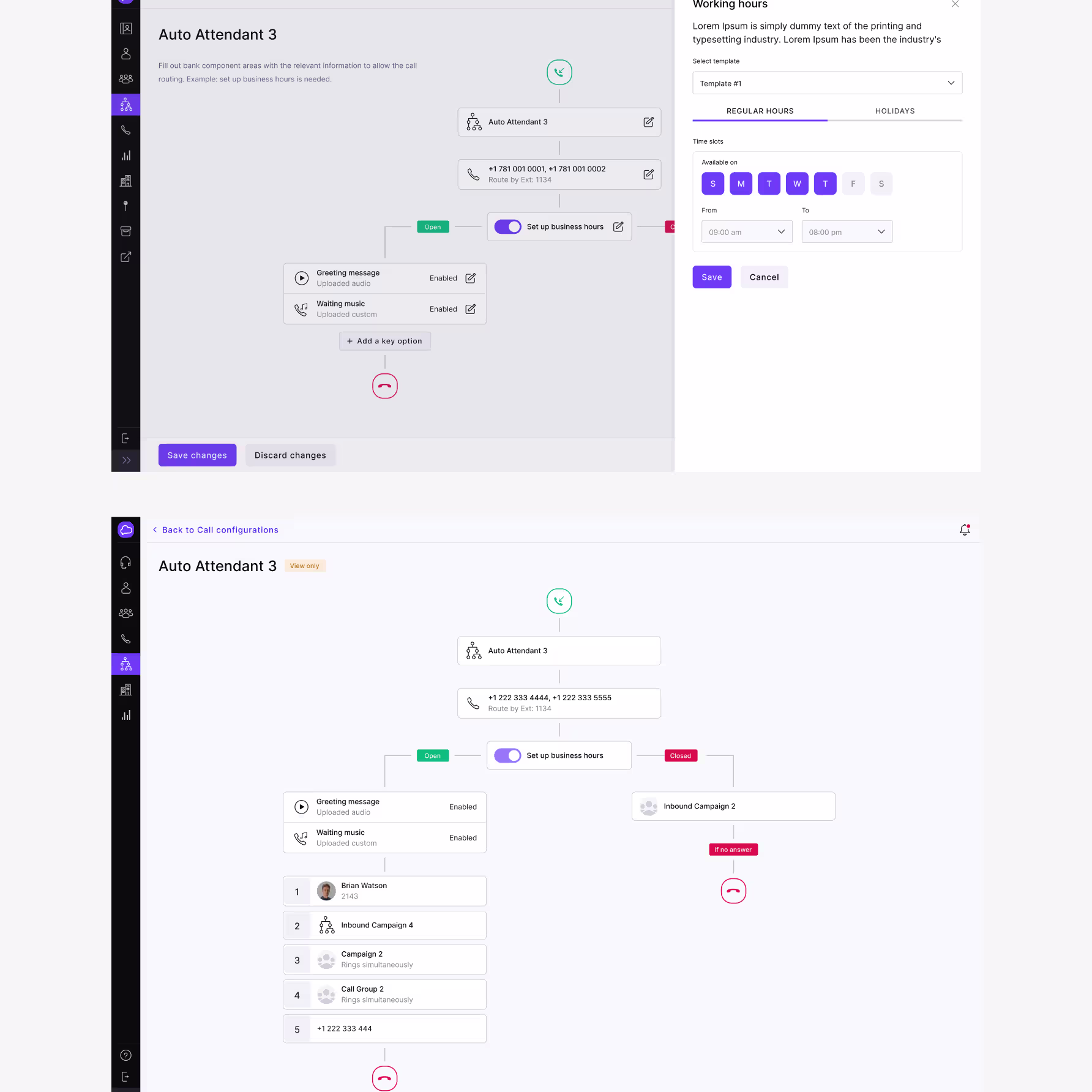 CloudCall workflow builder design — auto attendant call routing with business hours configuration panel