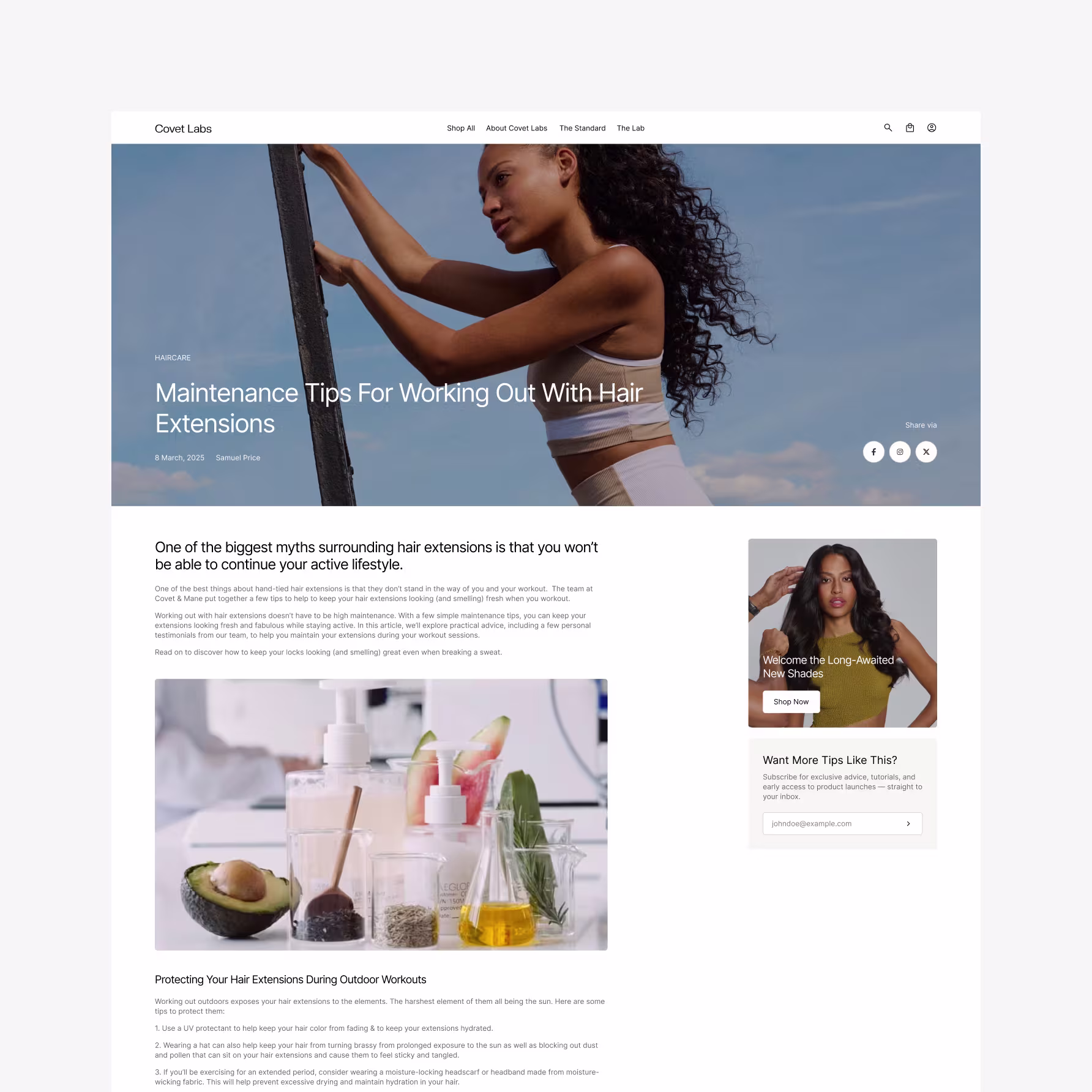 Covet Labs Shopify blog design — article page with lifestyle hero, body content, and sidebar with newsletter