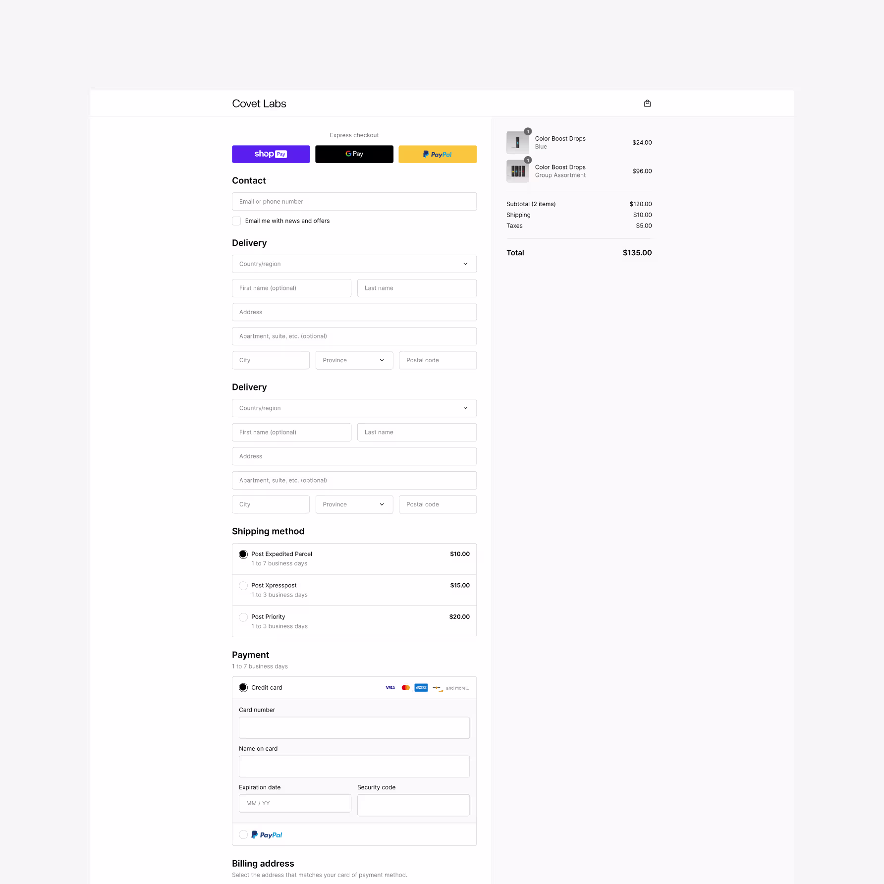Covet Labs Shopify checkout design — professional order checkout with express payments, shipping options, and order summary
