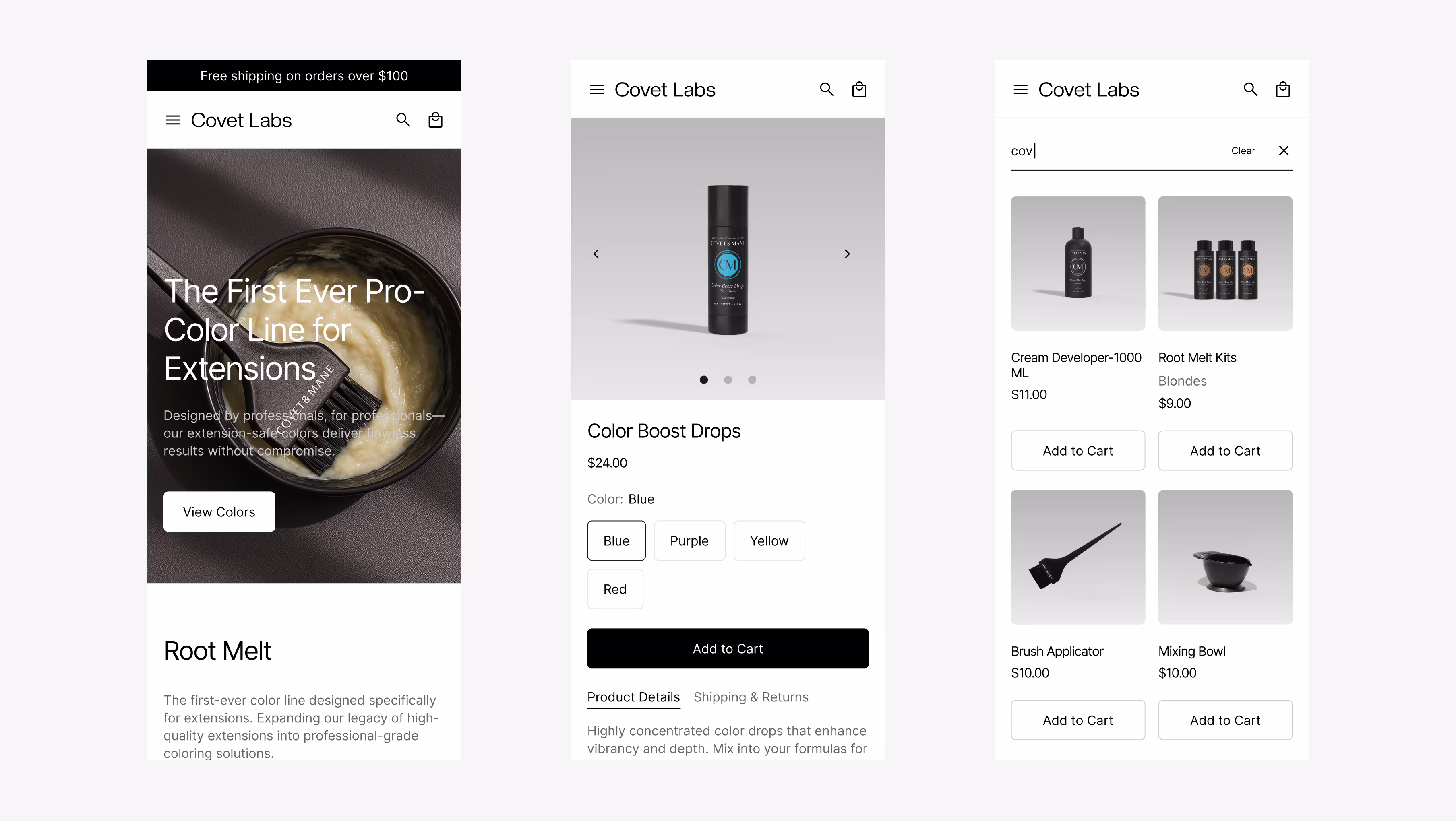 Covet Labs Shopify store design case study — mobile screens showing homepage, PDP, and search