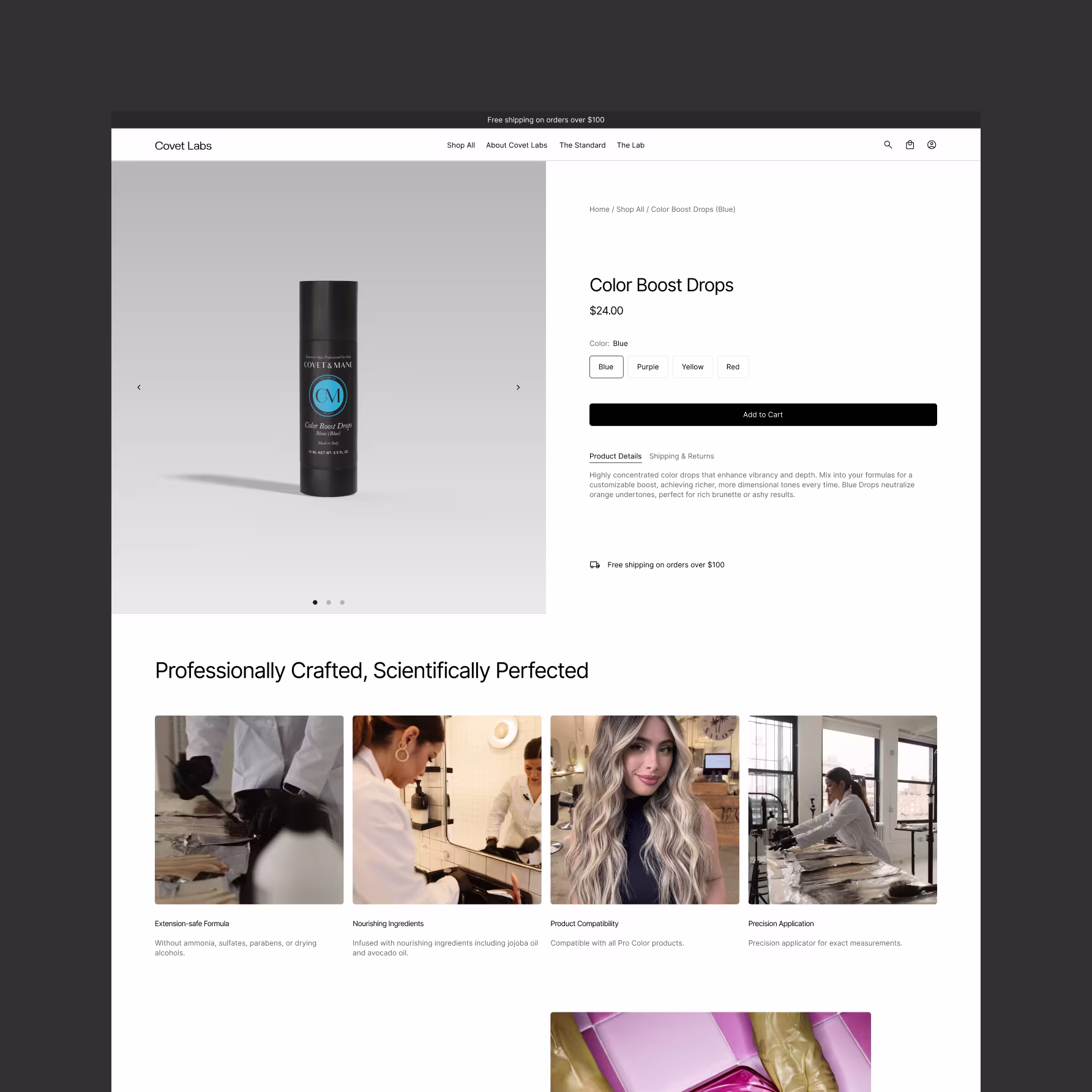 Covet Labs Shopify product page design — professional haircare PDP with color variants and product features grid