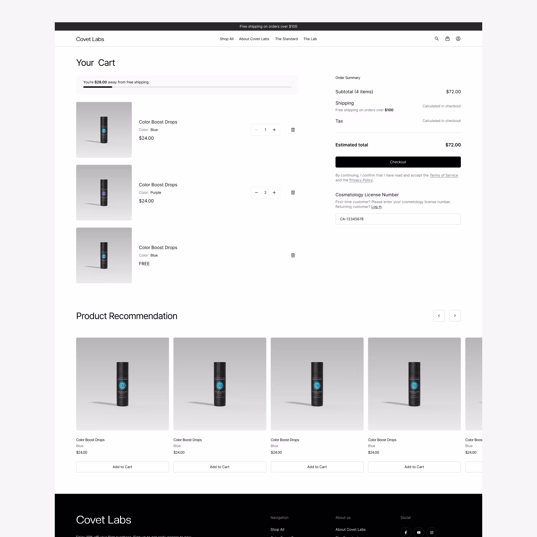 Covet Labs cart page design — wholesale Shopify cart with license number verification and order summary