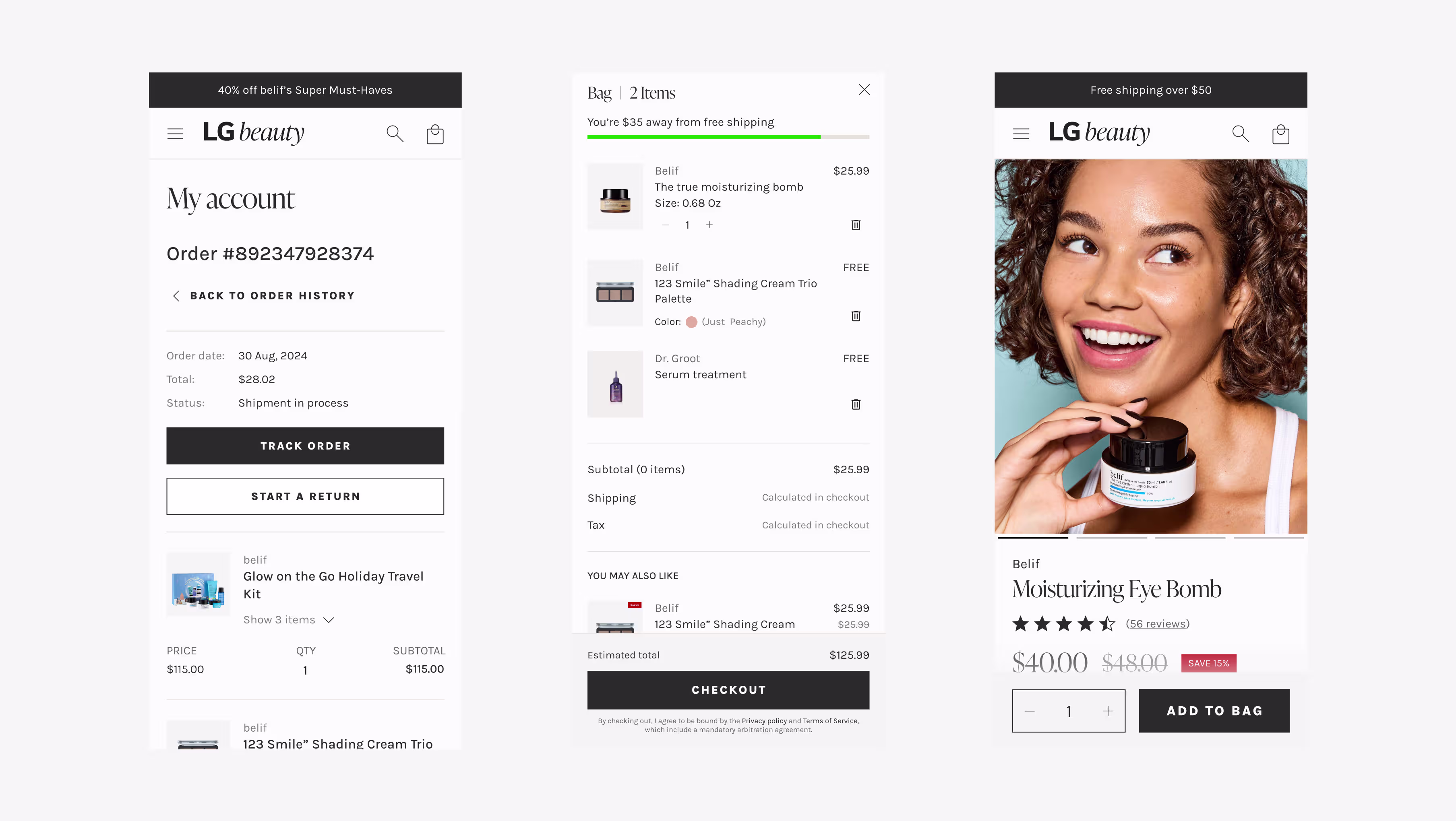 LGbeauty Shopify store design case study — mobile screens showing account, cart, and product page