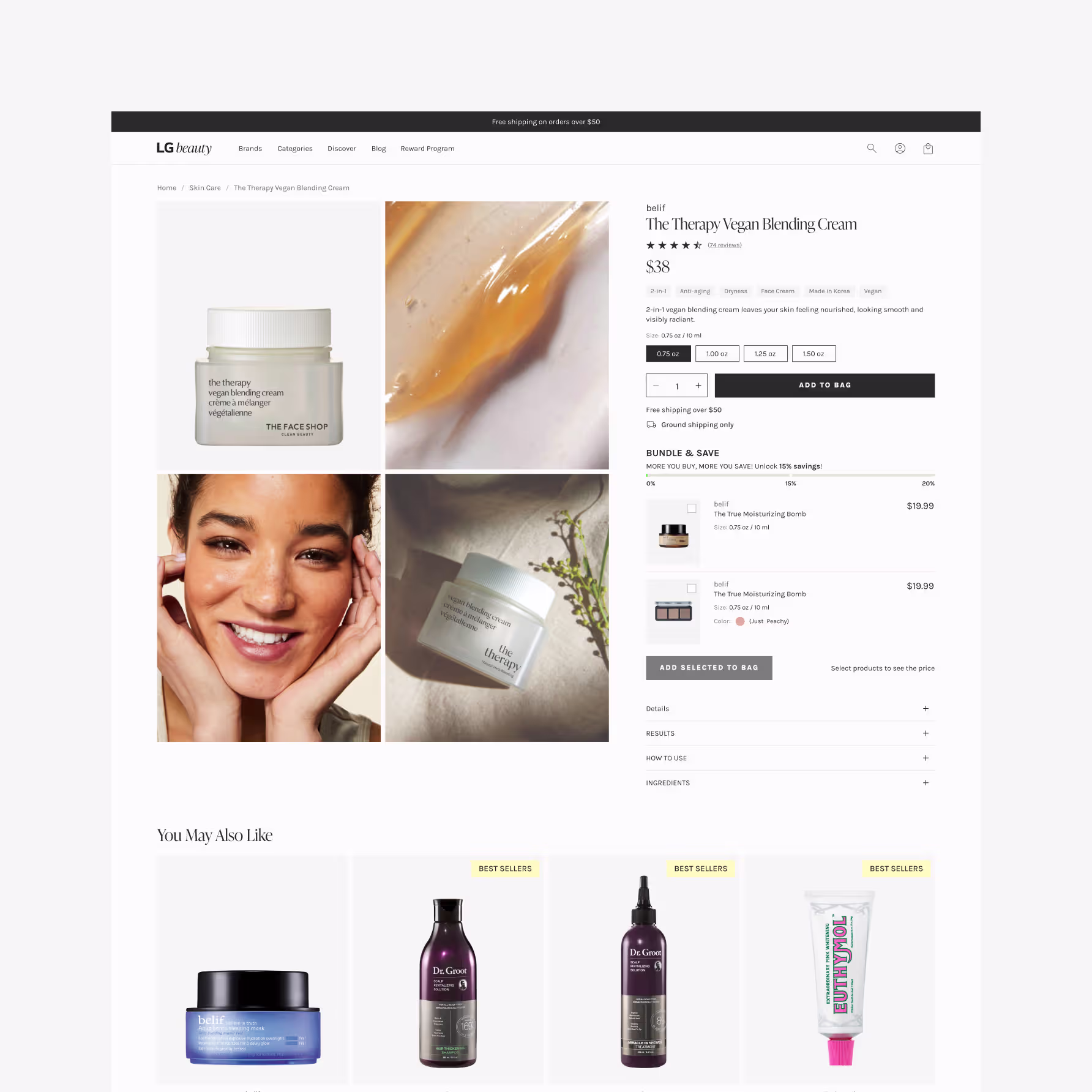 LGbeauty Shopify product page design — Korean beauty PDP with image gallery, size variants, and bundle save section