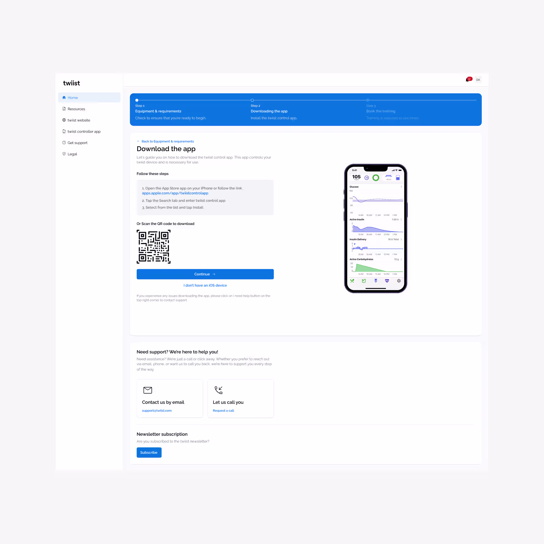 twiist app download page — onboarding step with QR code install guide and glucose monitoring mobile app mockup