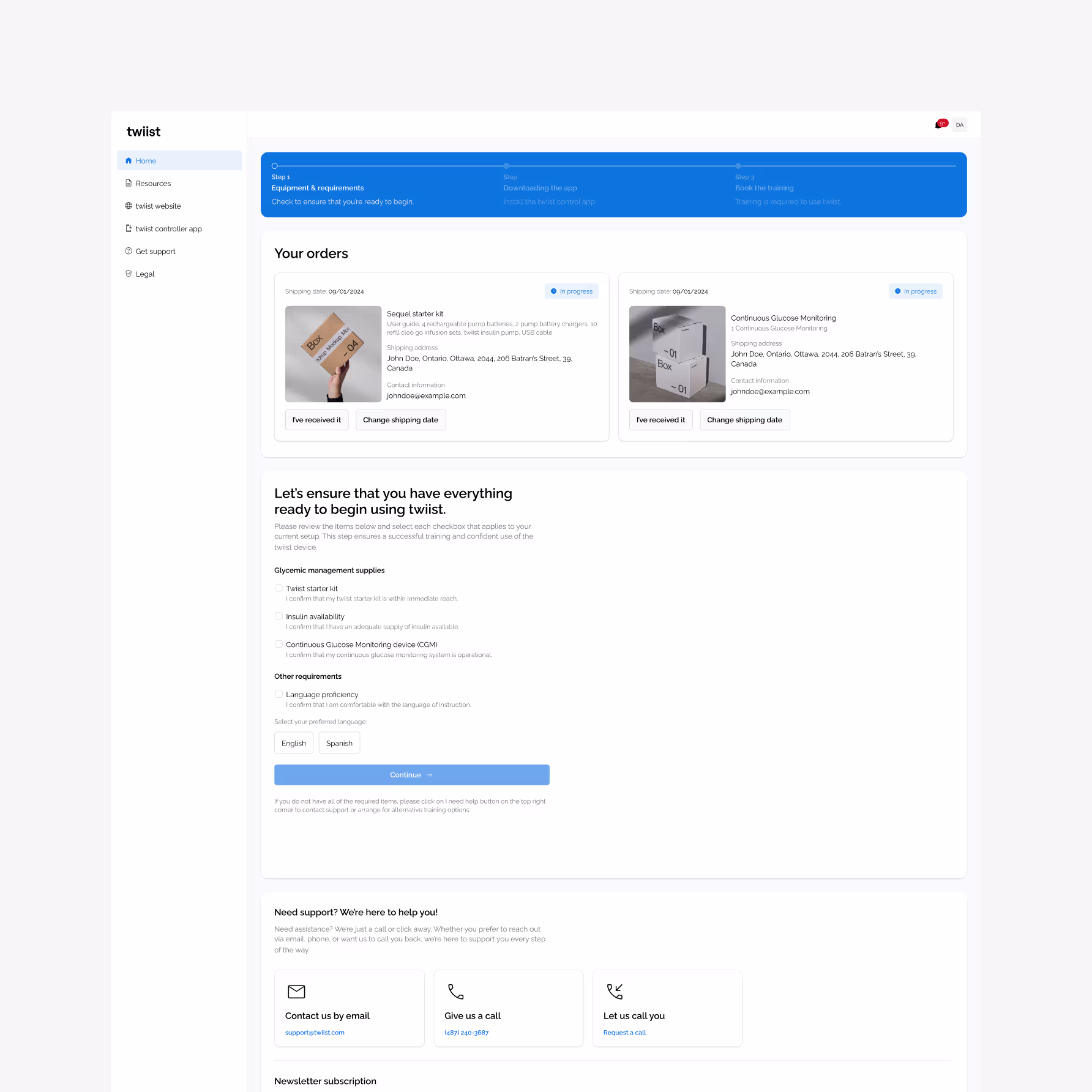 Sequel Med-Tech twiist patient portal — onboarding home with order tracking, equipment checklist, and support contacts