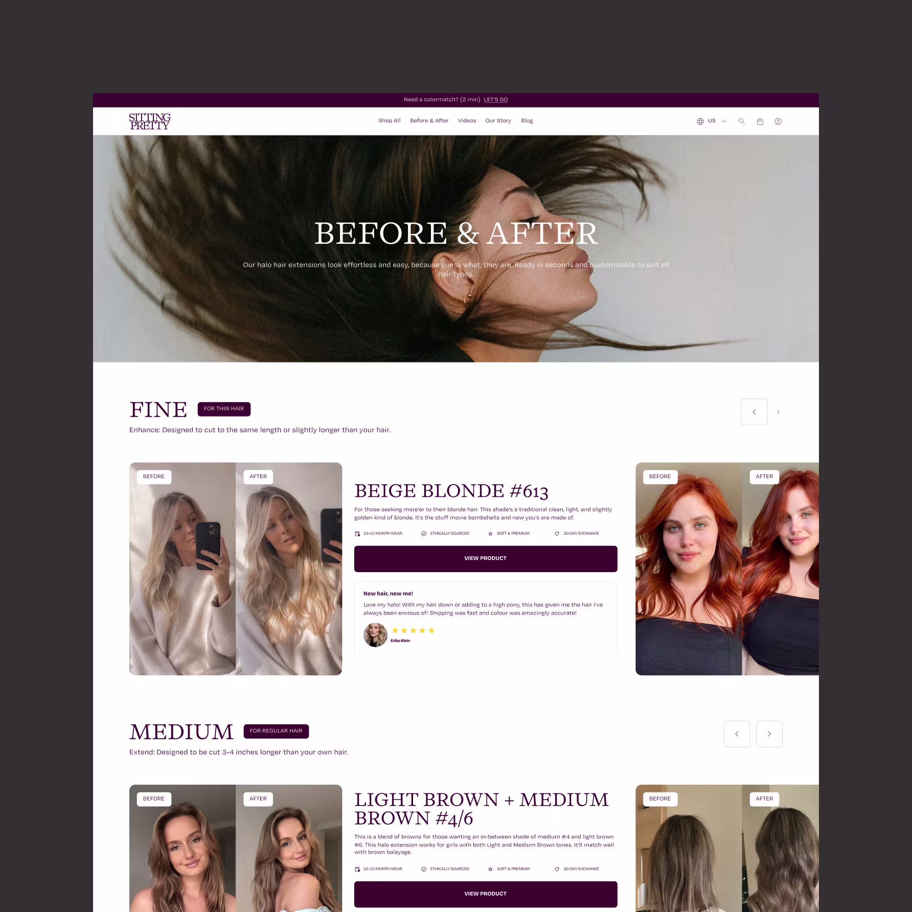 Sitting Pretty Shopify before after page — Fine and Medium thickness categories with shade comparison photos