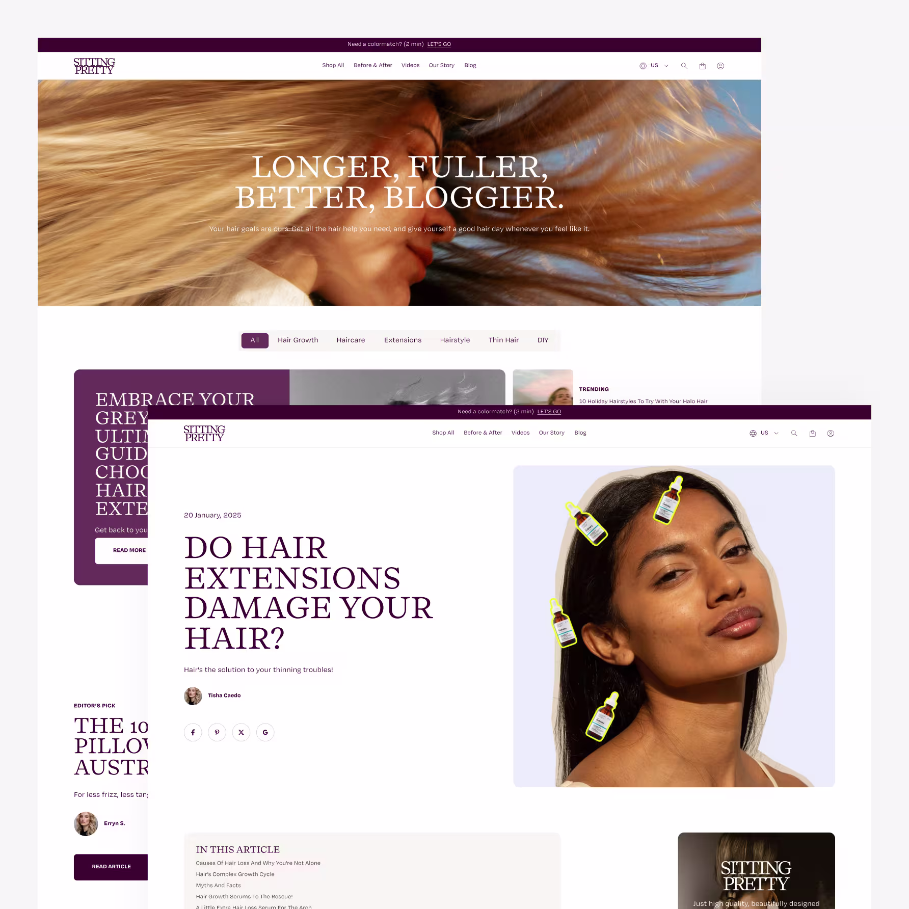Sitting Pretty Shopify blog design — blog listing with category filters and article page with table of contents