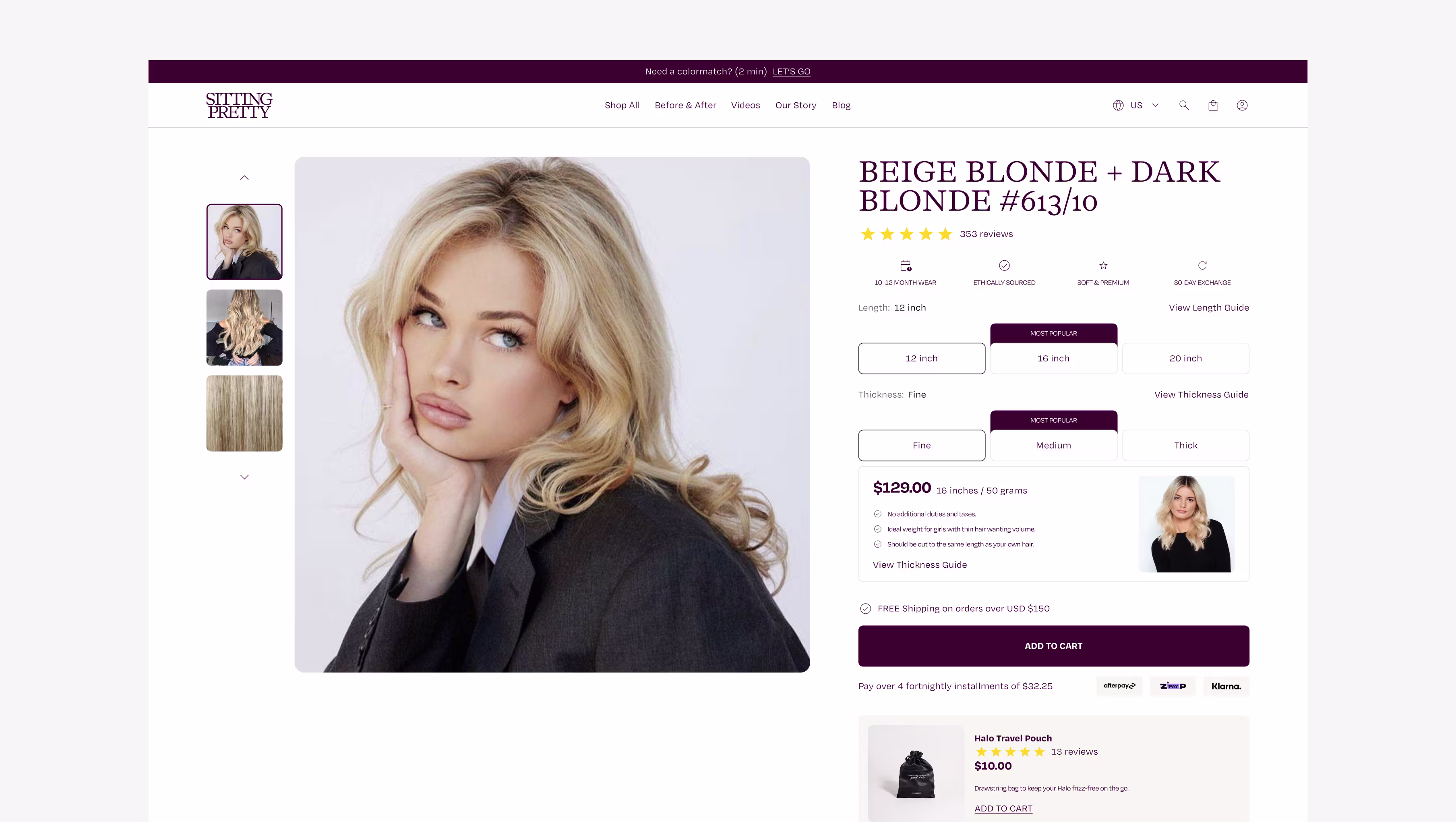 Sitting Pretty Shopify store design case study — product page with length and thickness variant selectors