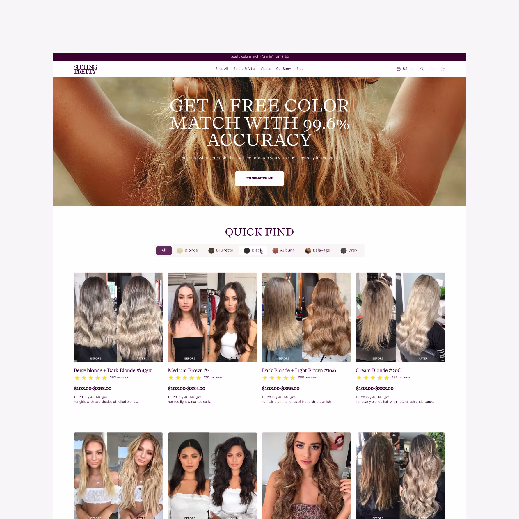 Sitting Pretty Shopify product list page — hair extensions with color filter tabs and before after product thumbnails