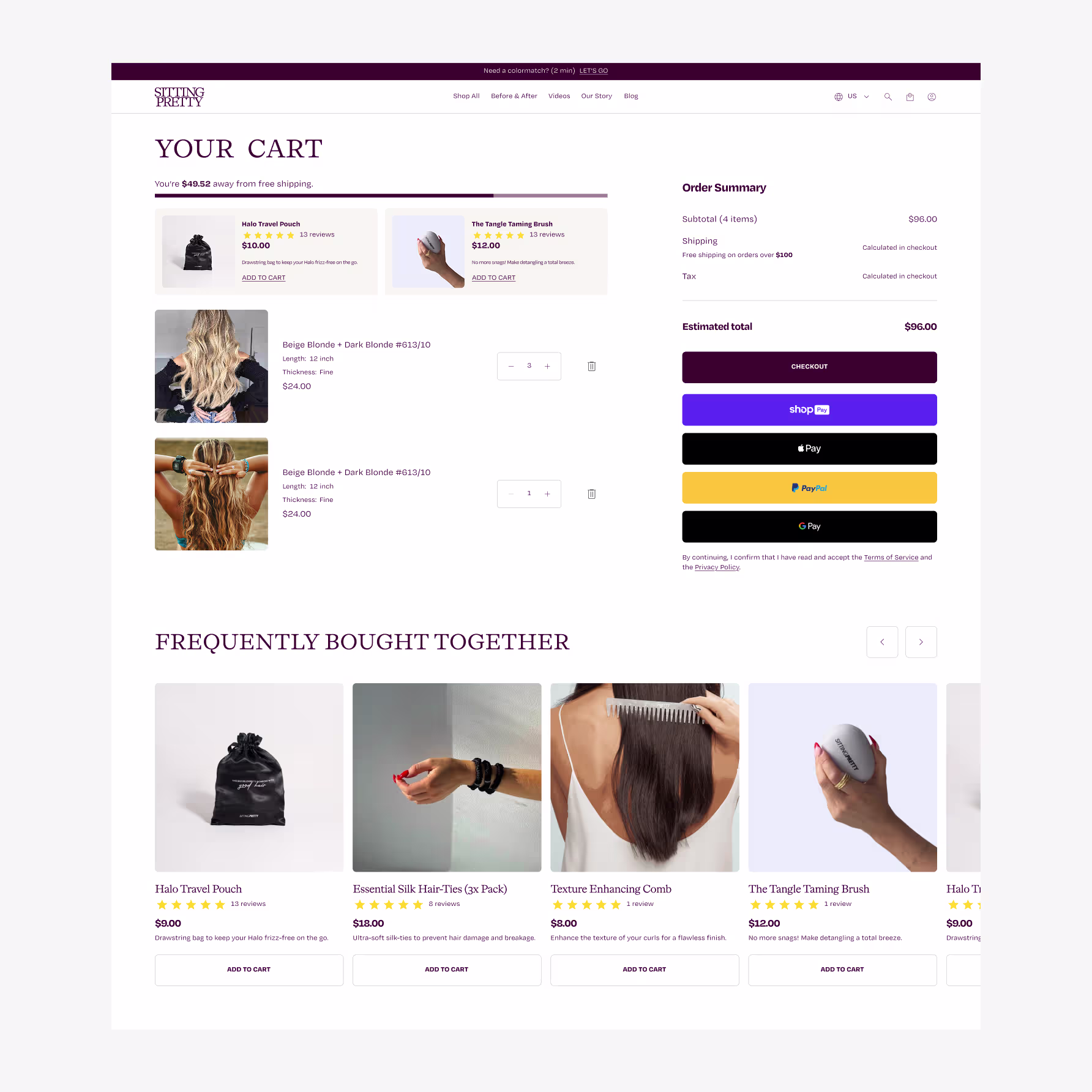 Sitting Pretty Shopify cart design — hair extensions bag with accessory upsells, express checkout, and frequently bought together