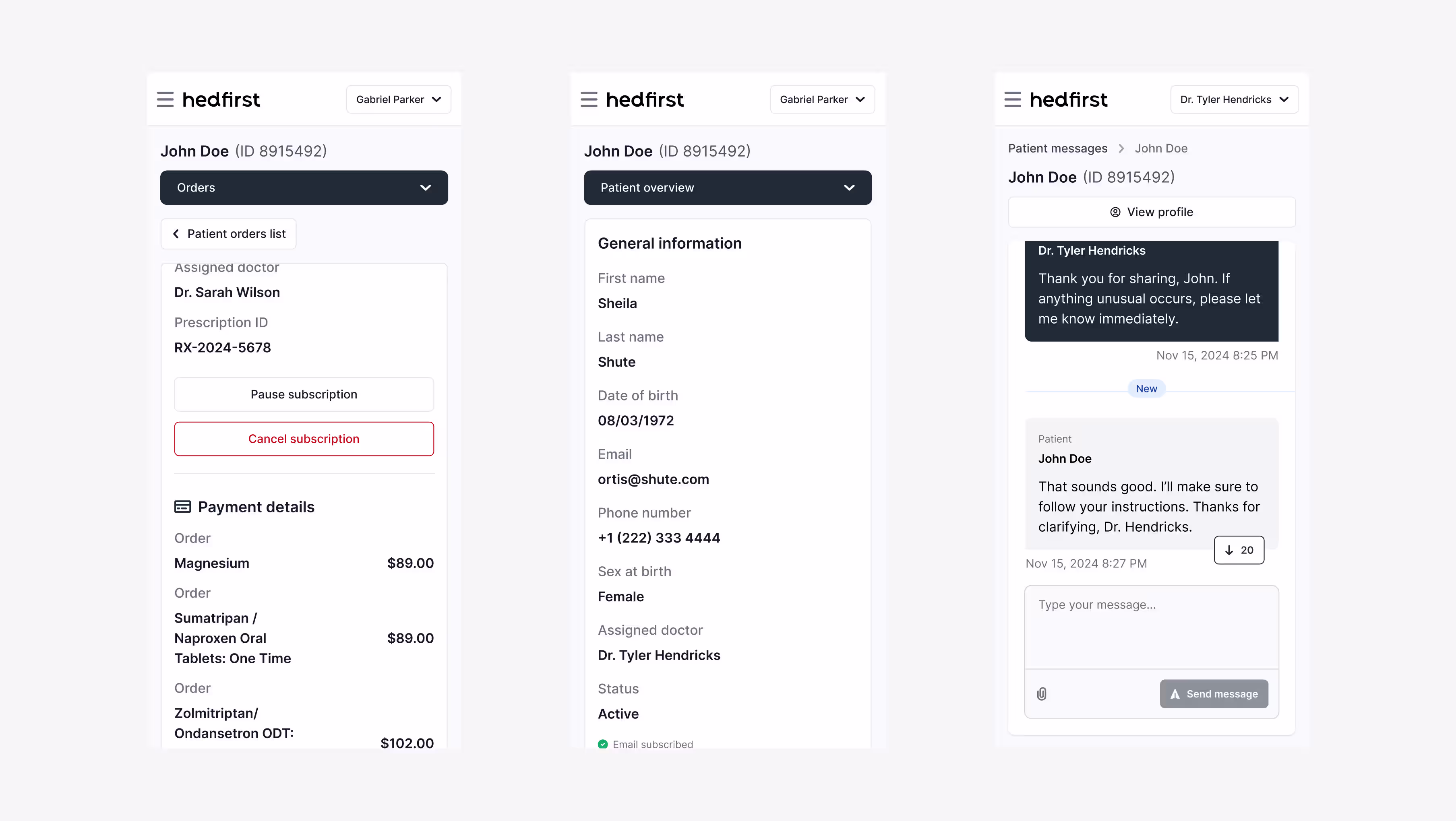 Teligant AI case study — telehealth platform UI design showing patient orders, profile, and doctor messaging