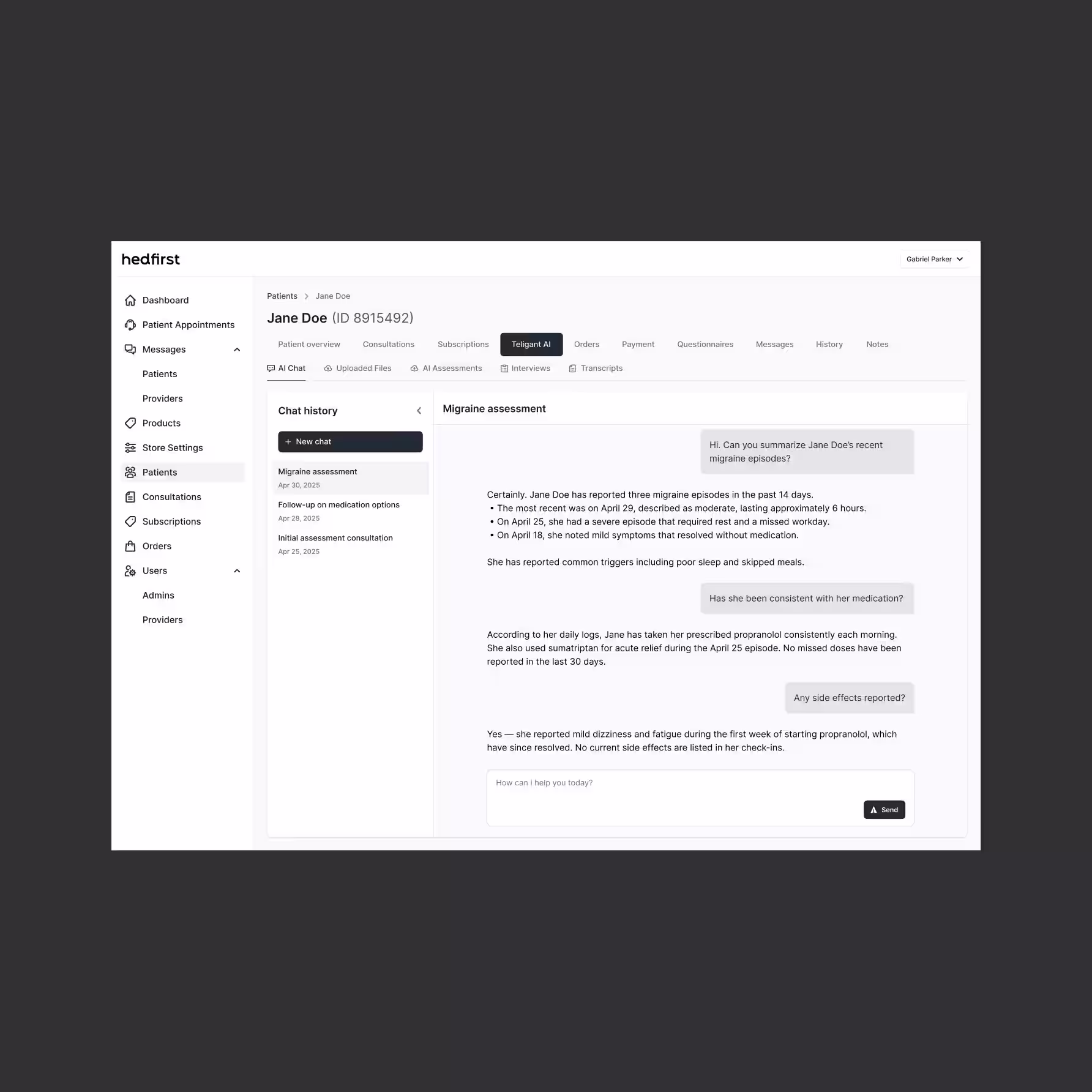 Teligant AI doctor dashboard design — Hedfirst patient profile with AI chat for migraine assessment and medication history