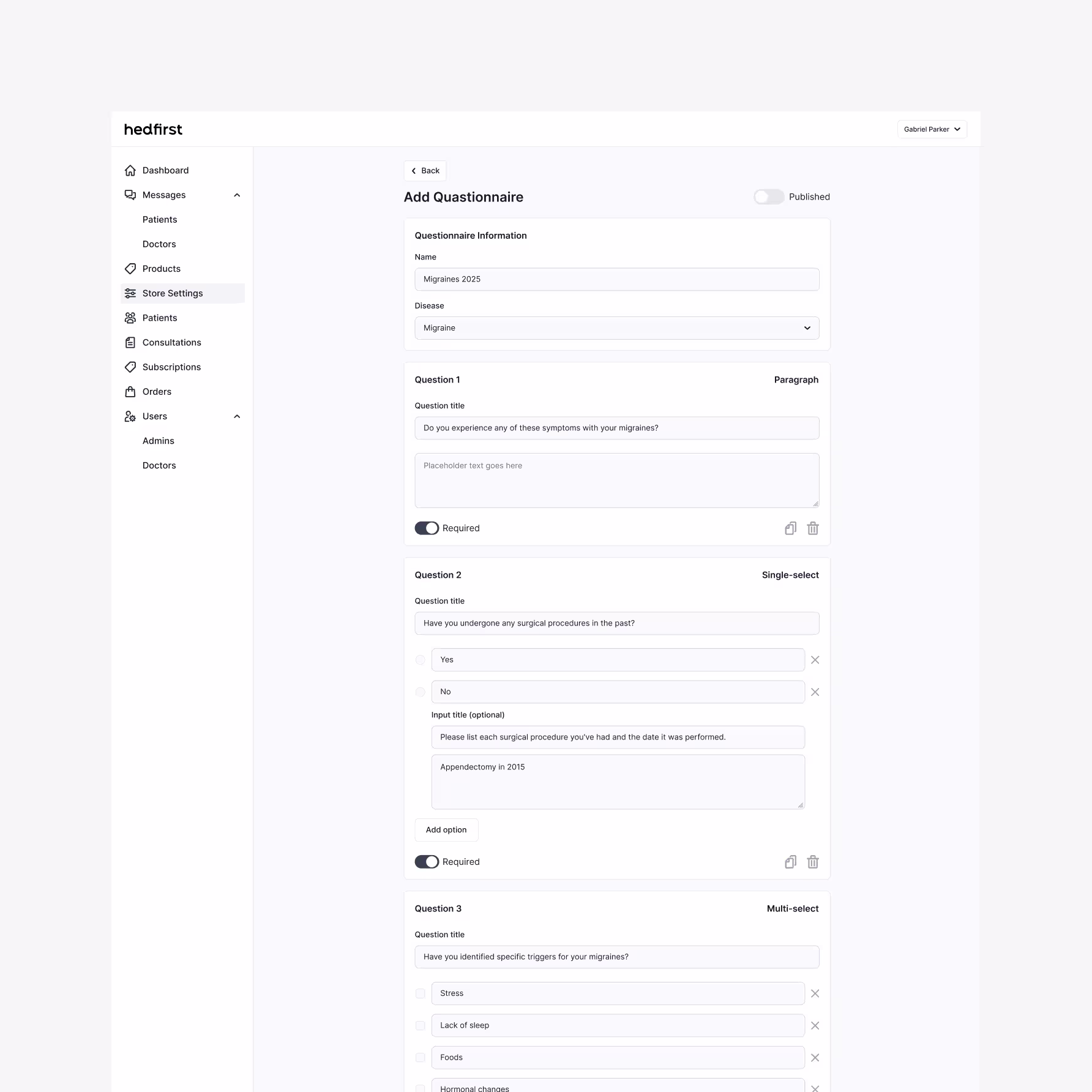 Hedfirst store admin design — medical questionnaire builder with paragraph, single-select, and multi-select question types