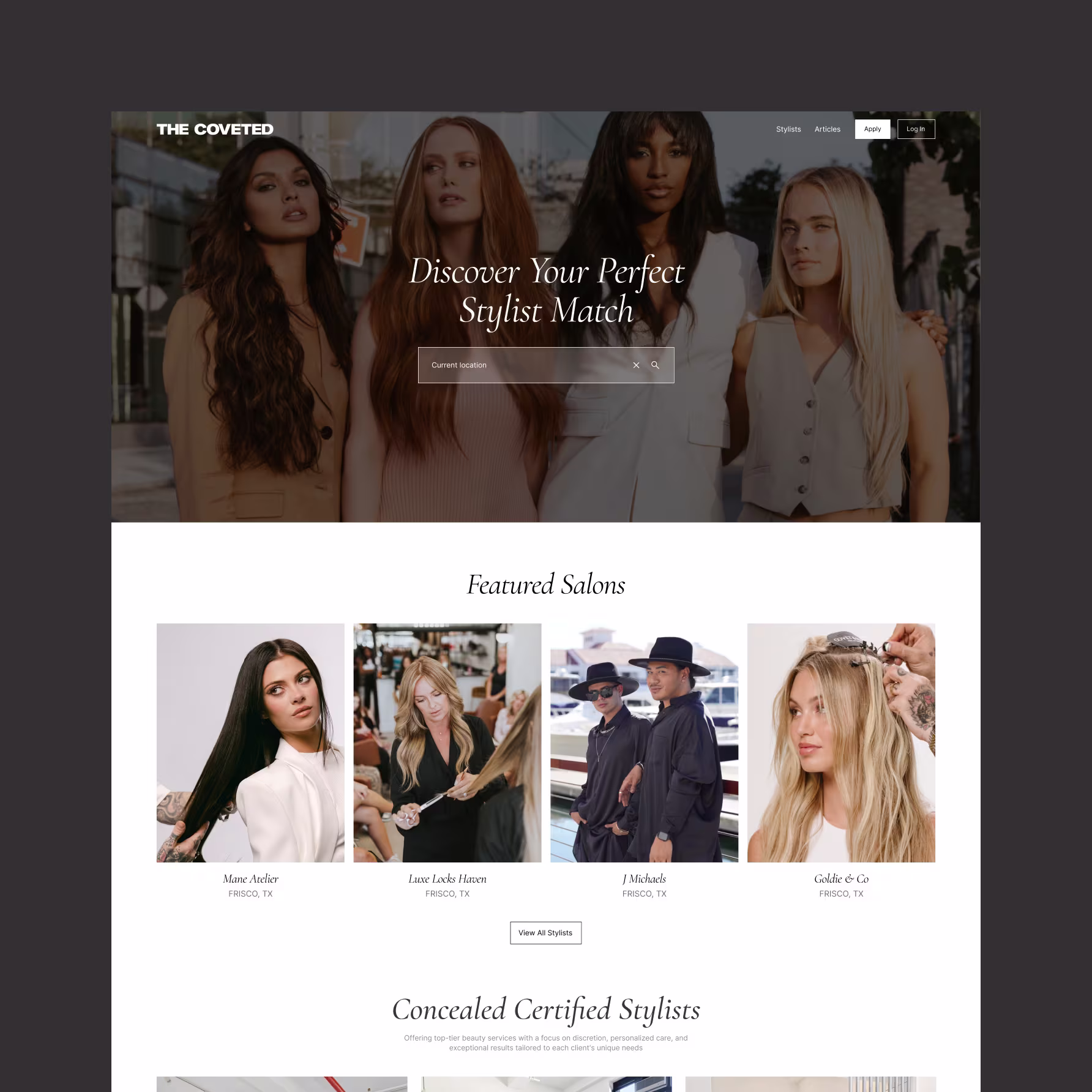 The Coveted homepage design — hair stylist discovery platform with location search, featured salons, and certified stylists