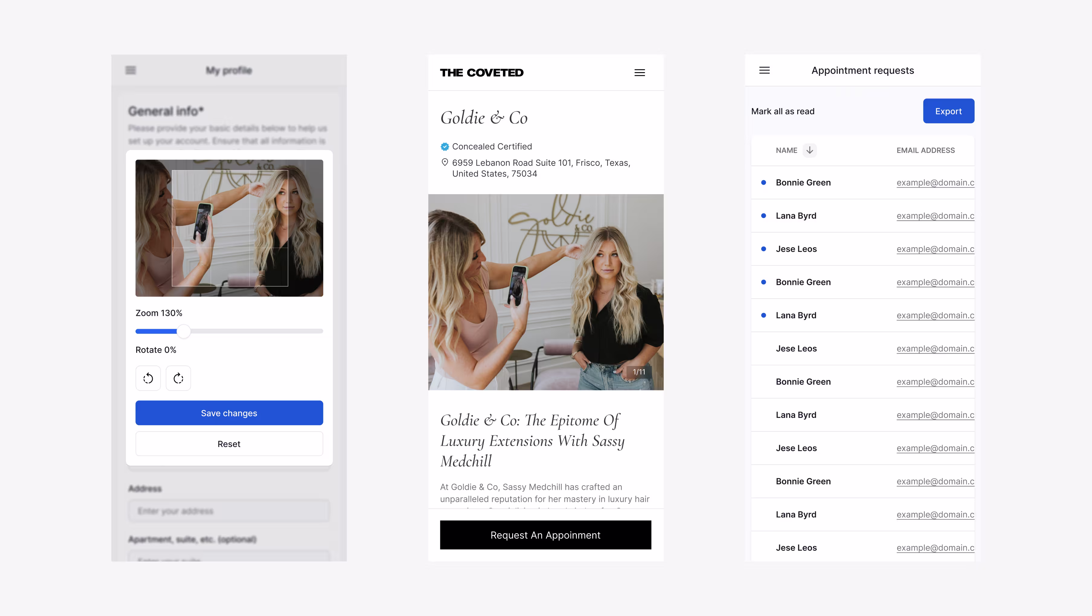 The Coveted case study — beauty booking platform design with stylist profile, storefront, and appointment dashboard
