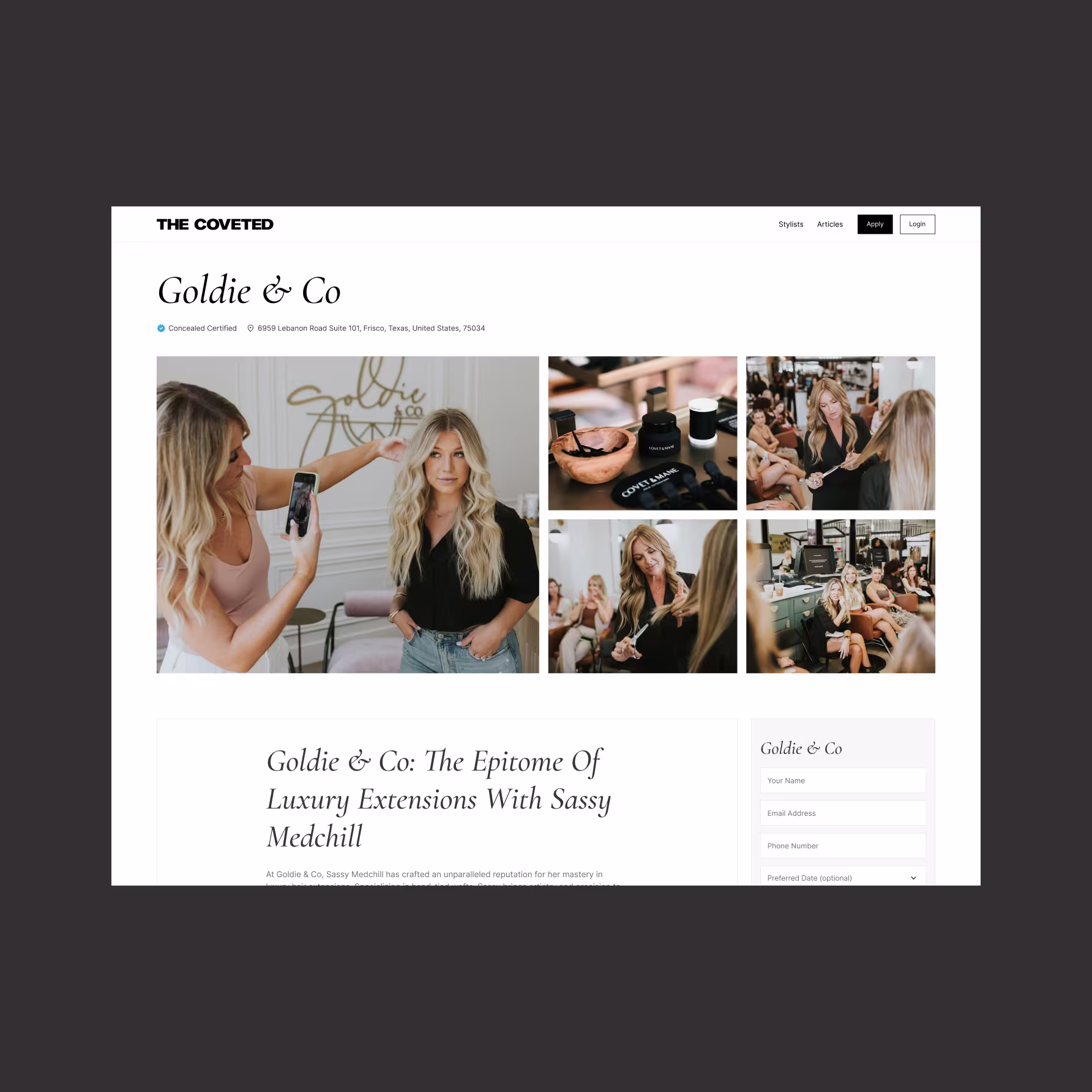 The Coveted stylist profile page design — Goldie and Co salon with Instagram photo grid and appointment booking form