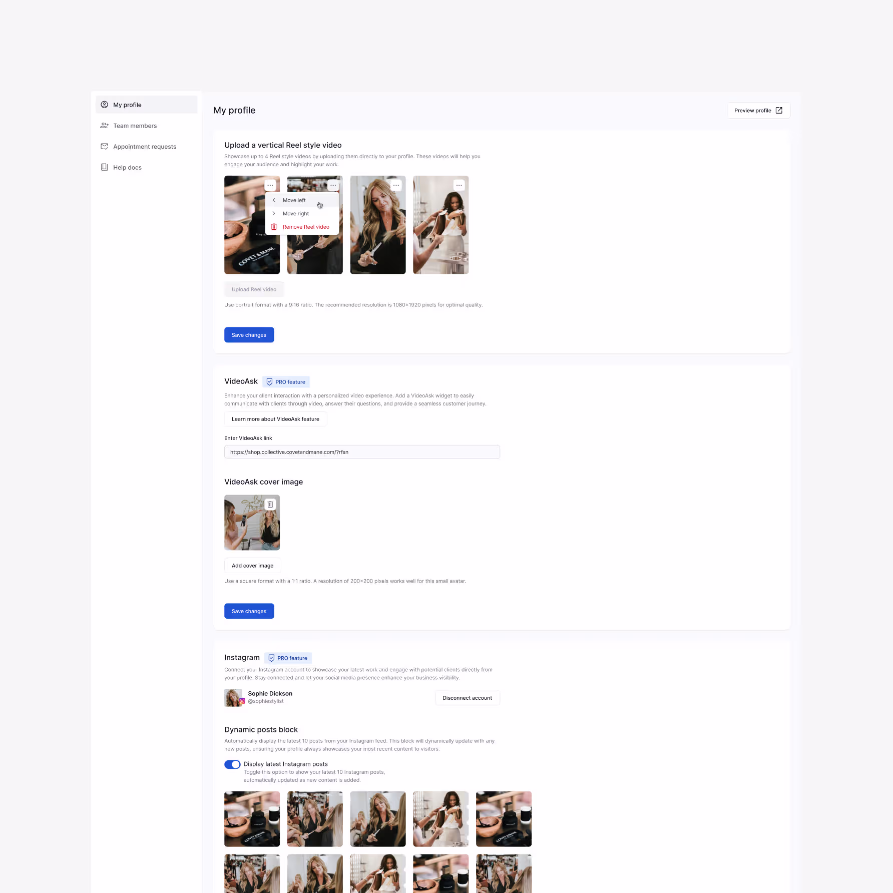 The Coveted admin profile settings — Instagram dynamic posts integration, Reel videos, and VideoAsk PRO features