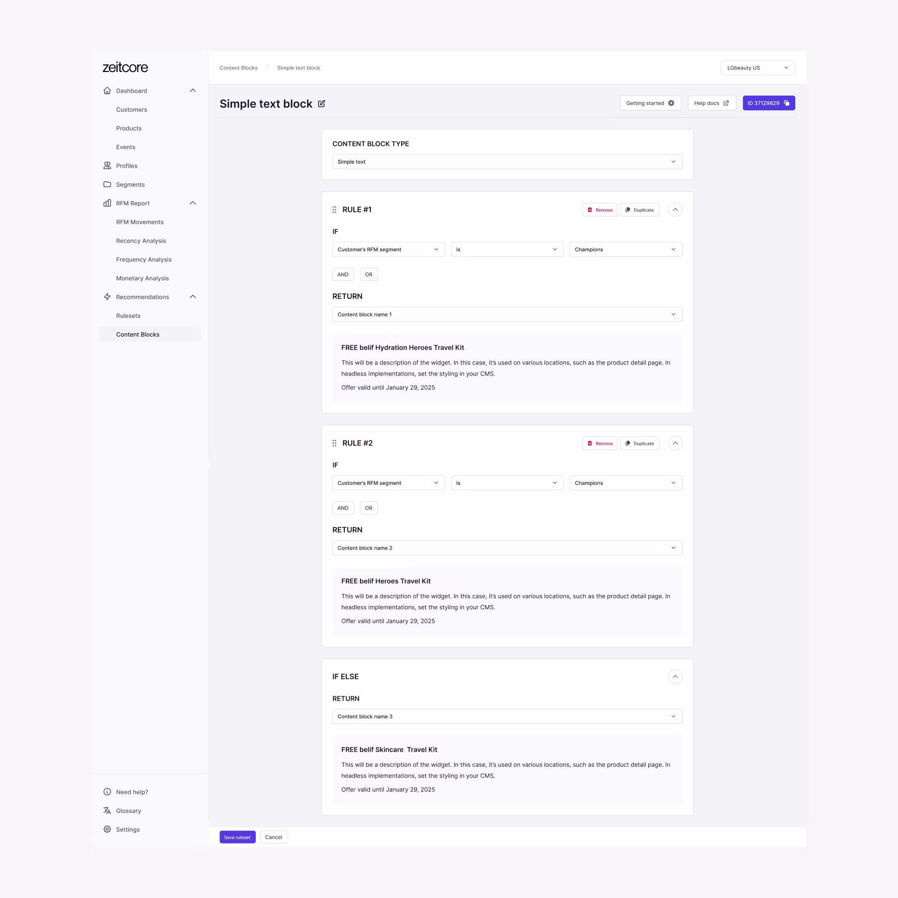 Zeitcore content block ruleset design — RFM segment-based conditional logic showing Champions offer personalization