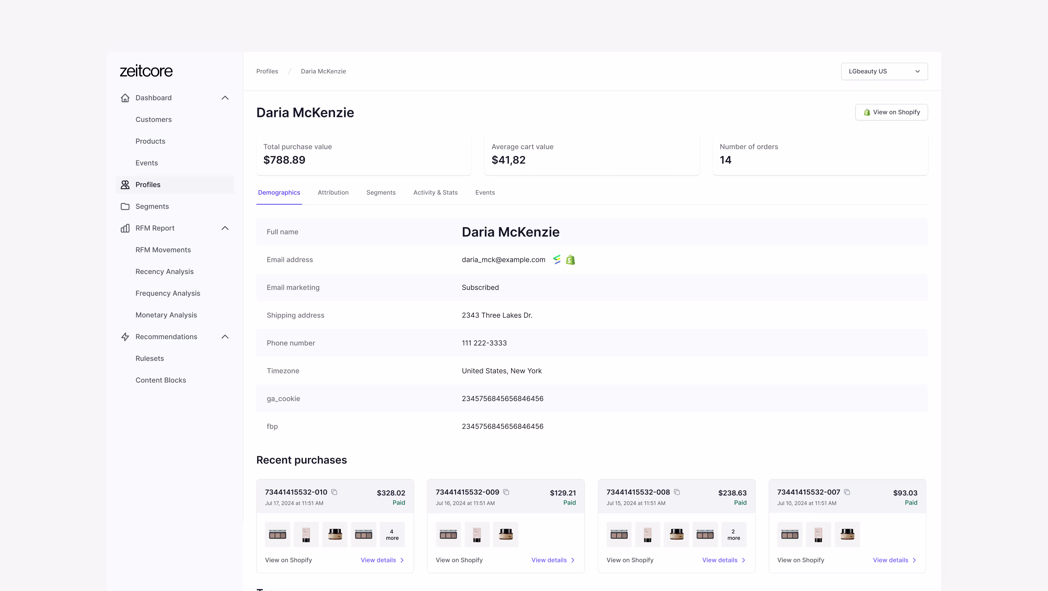 Zeitcore case study — B2B SaaS dashboard design showing customer profile with RFM analytics